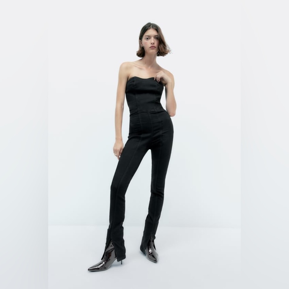 New Zara Strapless Black Denim TRF Stretchy Jumpsuit Small Medium 8197/249 - Picture 2 of 13